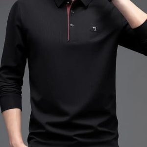 IndoPrimo Men's Polyester Polo T Shirt with Long Sleeves Solid Pattern Spread Collar Neck Classic Fit and Standard Length - black